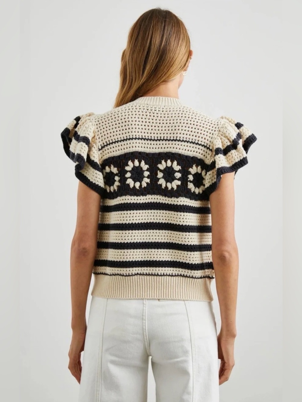 Anthropologie, Penelope Striped Crochet Knit Top, Cream/Navy, M - Picture 3 of 8